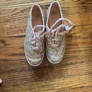 Keds Rose Gold Glitter Sneakers with Ribbon Laces